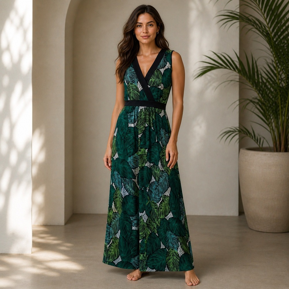 Susan Lawrence Womens Tropical Leaf Print Maxi Dress Green Black XL